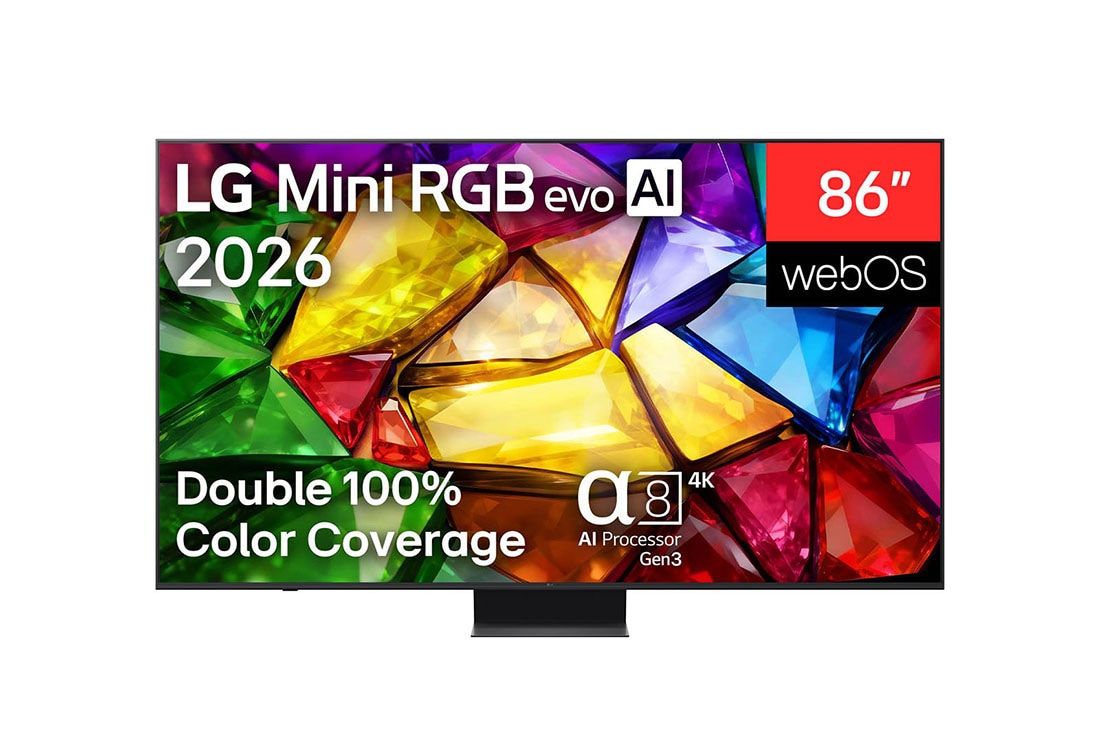 LG Телевізор LG Mini RGB evo AI MRGB87 | 86 дюймів | 4K Smart TV | 2026, Вигляд спереду LG Mini RGB evo AI MRGB87, випущеного у 2026 році, демонструє кристально чисте зображення чітко окреслених різнокольорових граней, включаючи 75-дюймовий дисплей, webOS, RGB Primary Colo, 86MRGB87B6B, thumbnail 2