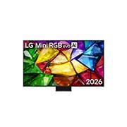 LG Телевізор LG Mini RGB evo AI MRGB87 | 86 дюймів | 4K Smart TV | 2026, Фронтальна панель LG Mini RGB evo AI MRGB87, випущеного у 2026 році, вирізняється тонкою чорною рамкою з короткими ніжками, а яскраве, кристалічне зображення чітко окреслених різнокольорових граней за, 86MRGB87B6B, thumbnail 1