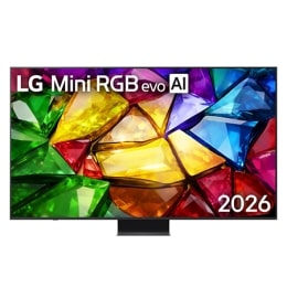 Фронтальна панель LG Mini RGB evo AI MRGB87, випущеного у 2026 році, вирізняється тонкою чорною рамкою з короткими ніжками, а яскраве, кристалічне зображення чітко окреслених різнокольорових граней за