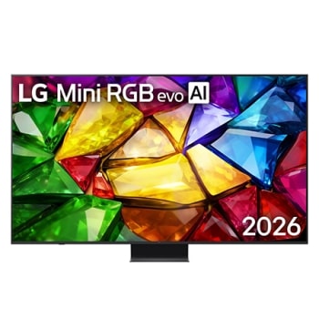 Фронтальна панель LG Mini RGB evo AI MRGB87, випущеного у 2026 році, вирізняється тонкою чорною рамкою з короткими ніжками, а яскраве, кристалічне зображення чітко окреслених різнокольорових граней за