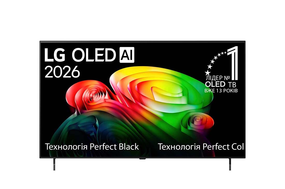LG Телевізор LG OLED AI B6 | 55 дюймів | 4K Smart TV | 2026, Вигляд спереду LG OLED AI B6, випущеного у 2026 році, відображає зображення багатошарових, різнокольорових форм, включаючи Perfect Black та Perfect Color, а також значок «OLED-телевізор №1 у світі за , OLED55B65LA, thumbnail 2