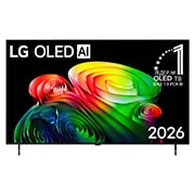 LG Телевізор LG OLED AI B6 | 55 дюймів | 4K Smart TV | 2026, Фронтальний вигляд LG OLED AI B6, випущеного у 2026 році, вирізняється тонкою чорною рамкою з яскравим, скульптурним зображенням багатошарових, різнокольорових форм, що заповнюють екран, а також значк, OLED55B65LA, thumbnail 1