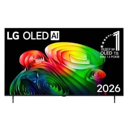 Фронтальний вигляд LG OLED AI B6, випущеного у 2026 році, вирізняється тонкою чорною рамкою з яскравим, скульптурним зображенням багатошарових, різнокольорових форм, що заповнюють екран, а також значк