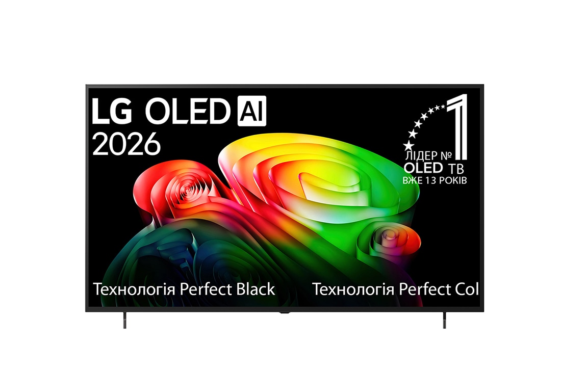LG Телевізор LG OLED AI B6 | 77 дюймів | 4K Smart TV | 2026, Вигляд спереду LG OLED AI B6, випущеного у 2026 році, відображає зображення багатошарових, різнокольорових форм, включаючи Perfect Black та Perfect Color, а також значок «OLED-телевізор №1 у світі за , OLED77B65LA, thumbnail 2