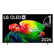 LG Телевізор LG OLED AI B6 | 77 дюймів | 4K Smart TV | 2026, Фронтальний вигляд LG OLED AI B6, випущеного у 2026 році, вирізняється тонкою чорною рамкою з яскравим, скульптурним зображенням багатошарових, різнокольорових форм, що заповнюють екран, а також значк, OLED77B65LA, thumbnail 1