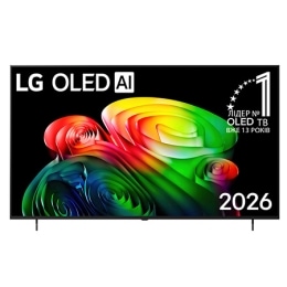 Фронтальний вигляд LG OLED AI B6, випущеного у 2026 році, вирізняється тонкою чорною рамкою з яскравим, скульптурним зображенням багатошарових, різнокольорових форм, що заповнюють екран, а також значк