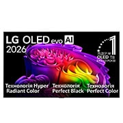 LG Телевізор LG OLED evo AI G6 | 83 дюймів | 4K Smart TV | 2026, Вигляд спереду LG OLED evo AI G6, випущеного у 2026 році, відображає зображення багатошарових, різнокольорових форм, що включають технології Hyper Radiant Color, Perfect Black та Perfect Color, а тако, OLED83G64LW, thumbnail 2