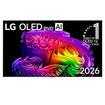 Фронтальна панель LG OLED evo AI G6, випущеного у 2026 році, вирізняється тонкою чорною рамкою та яскравим, скульптурним зображенням багатошарових, різнокольорових форм, що заповнюють екран.1