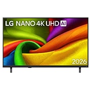 LG Телевізор LG NANO 4K UHD AI NU90 | 43 дюймів | 4K Smart TV | 2026, Фронтальний вигляд LG NANO 4K UHD AI NU90, випущеного у 2026 році, заповнює екран плавними, плавними шарами яскраво забарвлених, тканинно-подібних текстур, утворюючи вигнуті різнокольорові складки, що, 43NU900B6LA, thumbnail 1