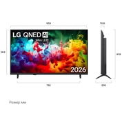 LG Телевізор LG QNED AI QNED70 Mini LED | 43 дюймів | 4K Smart TV | 2026, На зображеннях спереду та збоку показано 43-дюймовий дисплей LG QNED AI QNED70 Mini LED із шириною екрана 959 мм, висотою екрана 563 мм, висотою з підставкою 618 мм, глибиною профілю 70,8 мм та розмір, 43QNED70B6C, thumbnail 2
