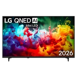 Фронтальний вигляд LG QNED AI QNED70 Mini LED, випущеного у 2026 році, наповнює екран яскравими, плавними бризками різнокольорового руху, оскільки тонко нашаровані кольори плавно розподіляються по дис2