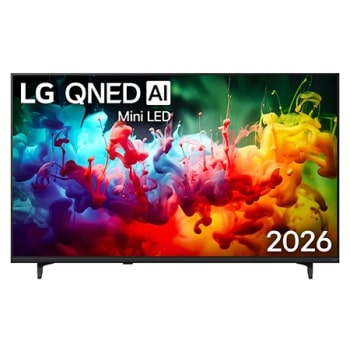 Фронтальний вигляд LG QNED AI QNED70 Mini LED, випущеного у 2026 році, наповнює екран яскравими, плавними бризками різнокольорового руху, оскільки тонко нашаровані кольори плавно розподіляються по дис1