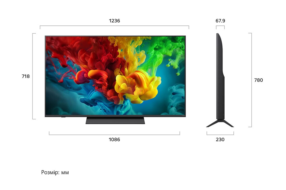 LG Телевізор LG QNED evo AI Mini LED | 55 дюймів | 4K Smart TV | 2026, LG QNED evo AI QNED82 Mini LED, зображений спереду та збоку, має 65-дюймовий дисплей із шириною екрана 1455 мм, висотою екрана 841 мм, висотою з підставкою 904 мм, глибиною профілю 67,9 мм та розмірами підставки 1217 на 269 мм., 55QNED83B6A, thumbnail 2