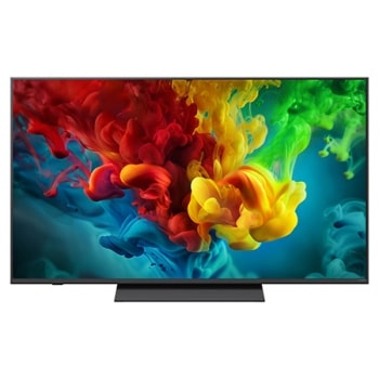 Фронтальний вигляд LG QNED evo AI QNED82 Mini LED, випущеного у 2026 році, наповнює екран яскравими, плавними сплесками різнокольорового, схожого на фарбу руху, оскільки багатошарові хмари кольору пла1