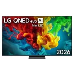 Фронтальний вигляд LG QNED evo AI QNED82 Mini LED, випущеного у 2026 році, наповнює екран яскравими, плавними сплесками різнокольорового, схожого на фарбу руху, оскільки багатошарові хмари кольору пла