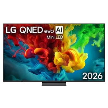 Фронтальний вигляд LG QNED evo AI QNED82 Mini LED, випущеного у 2026 році, наповнює екран яскравими, плавними сплесками різнокольорового, схожого на фарбу руху, оскільки багатошарові хмари кольору пла