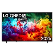 LG Телевізор LG QNED AI QNED70 Mini LED | 85 дюймів | 4K Smart TV | 2026, Фронтальний вигляд LG QNED AI QNED70 Mini LED, випущеного у 2026 році, наповнює екран яскравими, плавними бризками різнокольорового руху, оскільки тонко нашаровані кольори плавно розподіляються по дисплею., 85QNED70B6A, thumbnail 1