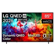 LG Телевізор LG QNED AI QNED70 Mini LED | 85 дюймів | 4K Smart TV | 2026, На зображеннях спереду та збоку показано 43-дюймовий дисплей LG QNED AI QNED70 Mini LED із шириною екрана 959 мм, висотою екрана 563 мм, висотою з підставкою 618 мм, глибиною профілю 70,8 мм та розмір, 85QNED70B6A, thumbnail 2