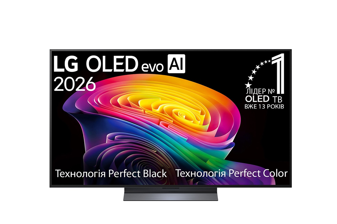 LG Телевізор LG OLED evo AI C6 | 55&nbsp;дюймів | 4K Smart TV | 2026, Фронтальний вигляд LG OLED evo AI C6, представлений у 2026 році, демонструє зображення багатошарових різнокольорових форм із технологіями Perfect Black та Perfect Color, а також відзнакою «OLED-телеві, OLED55C64LA, thumbnail 2