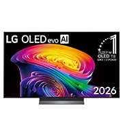 LG Телевізор LG OLED evo AI C6 | 55&nbsp;дюймів | 4K Smart TV | 2026, Фронтальний вигляд LG OLED evo AI C6, випущеного у 2026 році, вирізняється тонкою чорною рамкою з яскравим, рельєфним вихором багатошарових райдужних тонів, що плинуть по екрану., OLED55C64LA, thumbnail 1