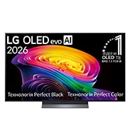LG Телевізор LG OLED evo AI C6 | 55&nbsp;дюймів | 4K Smart TV | 2026, Фронтальний вигляд LG OLED evo AI C6, представлений у 2026 році, демонструє зображення багатошарових різнокольорових форм із технологіями Perfect Black та Perfect Color, а також відзнакою «OLED-телеві, OLED55C64LA, thumbnail 2