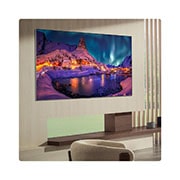 LG Телевізор LG OLED evo AI G6 | 55 дюймів | 4K Smart TV | 2026, LG OLED evo AI G6 вмонтовано в стіну в сучасній вітальні, відображаючи яскраве полярне сяйво над безтурботним прибережним селом, нагадуючи картину в рамці на стіні., OLED55G64LW, thumbnail 17