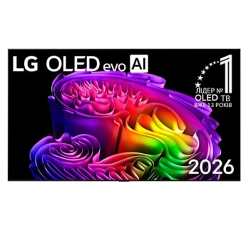 Фронтальна панель LG OLED evo AI G6, випущеного у 2026 році, вирізняється тонкою чорною рамкою та яскравим, скульптурним зображенням багатошарових, різнокольорових форм, що заповнюють екран.1