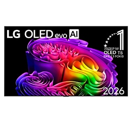 Фронтальна панель LG OLED evo AI G6, випущеного у 2026 році, вирізняється тонкою чорною рамкою та яскравим, скульптурним зображенням багатошарових, різнокольорових форм, що заповнюють екран.2