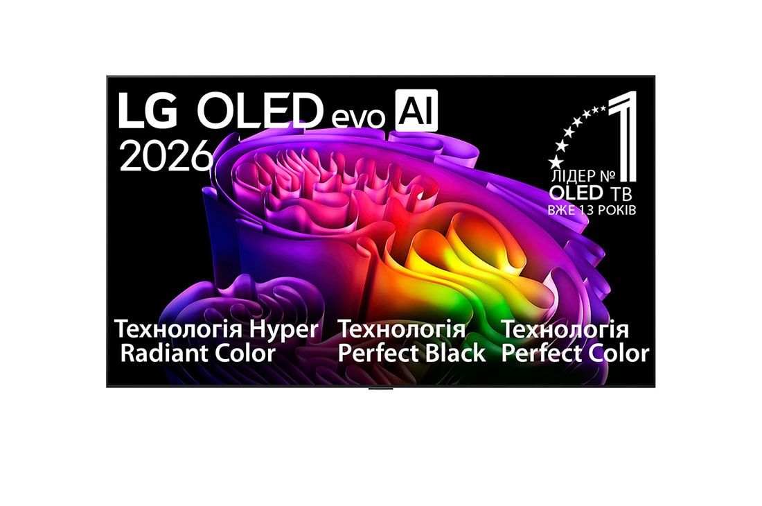 LG Телевізор LG OLED evo AI G6 | 65 дюймів | 4K Smart TV | 2026, Вигляд спереду LG OLED evo AI G6, випущеного у 2026 році, відображає зображення багатошарових, різнокольорових форм, що включають технології Hyper Radiant Color, Perfect Black та Perfect Color, а тако, OLED65G64LW, thumbnail 2