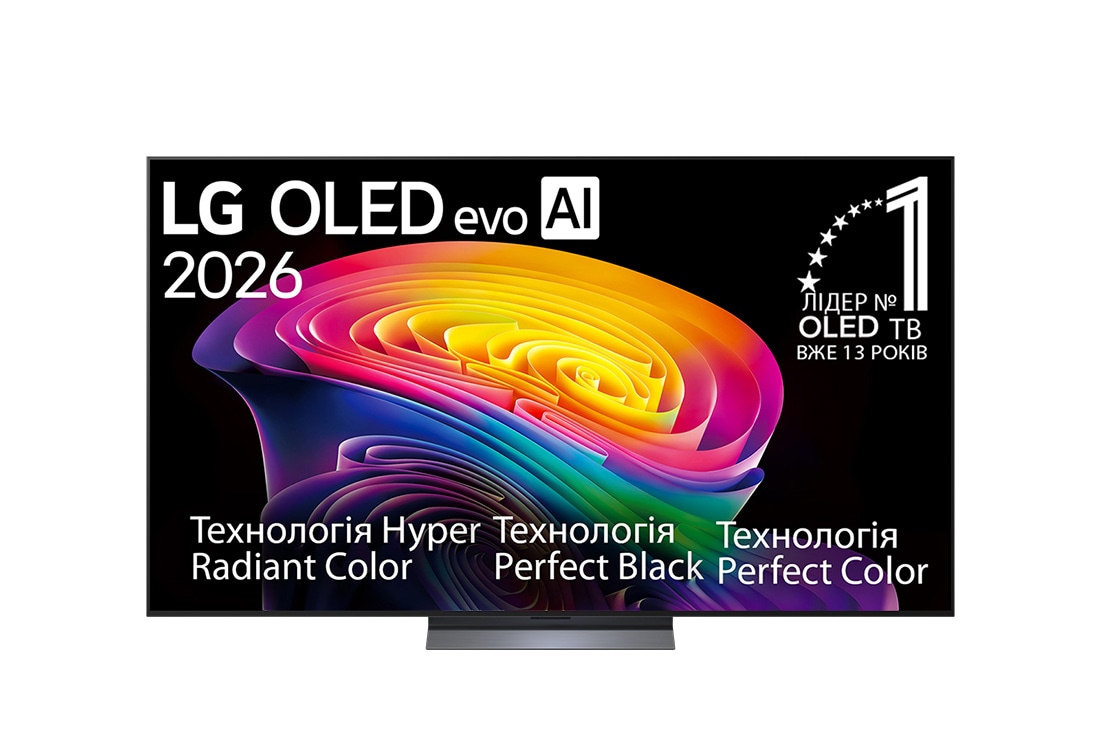 LG Телевізор LG OLED evo AI C6 | 77&nbsp;дюймів | 4K Smart TV | 2026, Фронтальний вигляд LG OLED evo AI C6, представлений у 2026 році, демонструє зображення багатошарових різнокольорових форм із технологіями Hyper Radiant Color Tech, Техтології Perfect Black та Perfect , OLED77C64LA, thumbnail 2