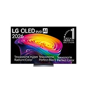 LG Телевізор LG OLED evo AI C6 | 77&nbsp;дюймів | 4K Smart TV | 2026, Фронтальний вигляд LG OLED evo AI C6, представлений у 2026 році, демонструє зображення багатошарових різнокольорових форм із технологіями Hyper Radiant Color Tech, Техтології Perfect Black та Perfect , OLED77C64LA, thumbnail 2
