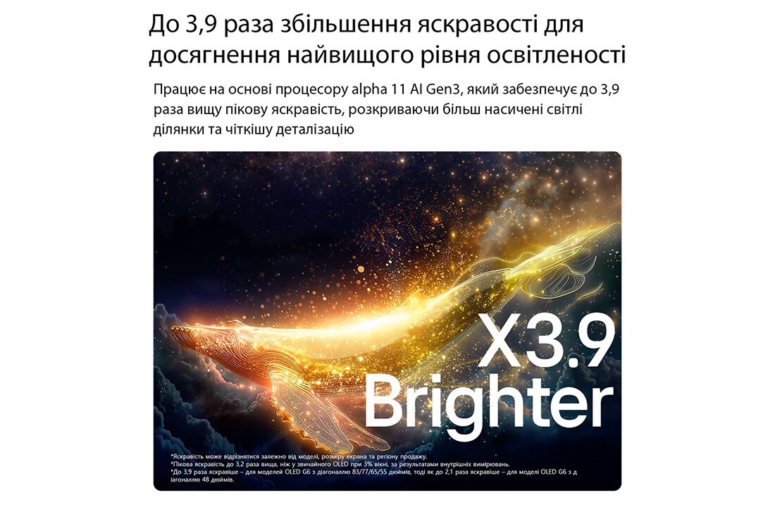 LG Телевізор LG OLED evo AI G6 | 77 дюймів | 4K Smart TV | 2026, LG OLED evo AI G6 з технологією Brightness Booster Ultra показує темну сцену, де яскраво освітлений силует кита виділяється серед сяючих частинок, забезпечуючи в 3,9 раза яскравішу яскравість з чіткіш, OLED77G64LW, thumbnail 8