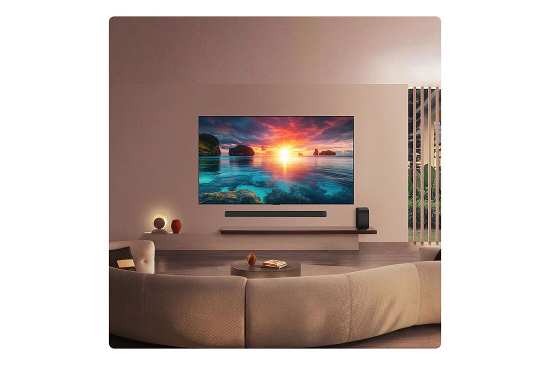 LG Телевізор LG OLED evo AI G6 | 77 дюймів | 4K Smart TV | 2026, LG OLED evo AI G6 відображає яскравий захід сонця на океані завдяки саундбару та динаміку, розташованим під екраном, що створює спокійну та атмосферну атмосферу в житловому просторі., OLED77G64LW, thumbnail 18