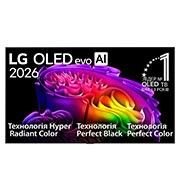 LG Телевізор LG OLED evo AI G6 | 77 дюймів | 4K Smart TV | 2026, Вигляд спереду LG OLED evo AI G6, випущеного у 2026 році, відображає зображення багатошарових, різнокольорових форм, що включають технології Hyper Radiant Color, Perfect Black та Perfect Color, а тако, OLED77G64LW, thumbnail 2