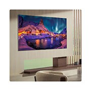 LG Телевізор LG OLED evo AI G6 | 77 дюймів | 4K Smart TV | 2026, LG OLED evo AI G6 вмонтовано в стіну в сучасній вітальні, відображаючи яскраве полярне сяйво над безтурботним прибережним селом, нагадуючи картину в рамці на стіні., OLED77G64LW, thumbnail 17