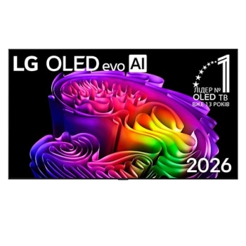 Фронтальна панель LG OLED evo AI G6, випущеного у 2026 році, вирізняється тонкою чорною рамкою та яскравим, скульптурним зображенням багатошарових, різнокольорових форм, що заповнюють екран.1