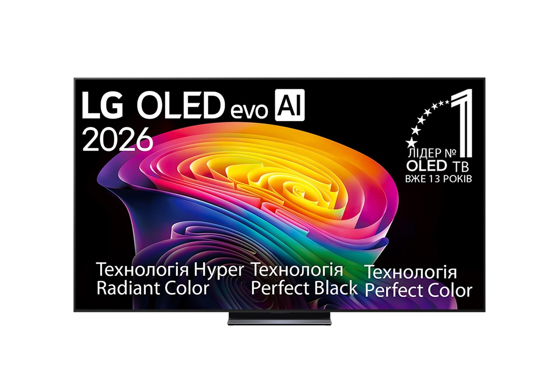 LG Телевізор LG OLED evo AI C6 | 83&nbsp;дюймів | 4K Smart TV | 2026, Фронтальний вигляд LG OLED evo AI C6, представлений у 2026 році, демонструє зображення багатошарових різнокольорових форм із технологіями Hyper Radiant Color Tech, Техтології Perfect Black та Perfect , OLED83C64LA, thumbnail 2