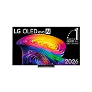 LG Телевізор LG OLED evo AI C6 | 83&nbsp;дюймів | 4K Smart TV | 2026, Фронтальний вигляд LG OLED evo AI C6, випущеного у 2026 році, вирізняється тонкою чорною рамкою з яскравим, рельєфним вихором багатошарових райдужних тонів, що плинуть по екрану., OLED83C64LA, thumbnail 1