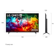 LG Телевізор LG QNED AI QNED70 Mini LED | 50 дюймів | 4K Smart TV | 2026, На зображеннях спереду та збоку показано 50-дюймовий дисплей LG QNED AI QNED70 Mini LED із шириною екрана 1112 мм, висотою екрана 649 мм, висотою з підставкою 711 мм, глибиною профілю 70,8 мм та розмі, 50QNED70B6C, thumbnail 2