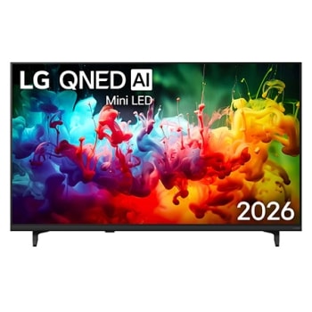 Фронтальний вигляд LG QNED AI QNED70 Mini LED, випущеного у 2026 році, наповнює екран яскравими, плавними бризками різнокольорового руху, оскільки тонко нашаровані кольори плавно розподіляються по дис1