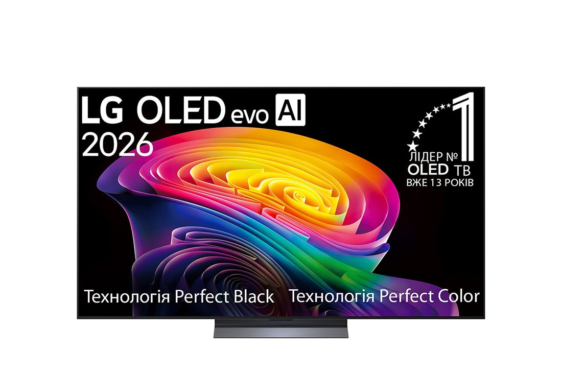 LG Телевізор LG OLED evo AI C6 | 65&nbsp;дюймів | 4K Smart TV | 2026, Фронтальний вигляд LG OLED evo AI C6, представлений у 2026 році, демонструє зображення багатошарових різнокольорових форм із технологіями Perfect Black та Perfect Color, а також відзнакою «OLED-телеві, OLED65C64LA, thumbnail 2