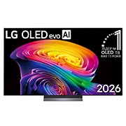 LG Телевізор LG OLED evo AI C6 | 65&nbsp;дюймів | 4K Smart TV | 2026, Фронтальний вигляд LG OLED evo AI C6, випущеного у 2026 році, вирізняється тонкою чорною рамкою з яскравим, рельєфним вихором багатошарових райдужних тонів, що плинуть по екрану., OLED65C64LA, thumbnail 1