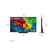 LG Телевізор LG QNED evo AI Mini LED | 65 дюймів | 4K Smart TV | 2026, LG QNED evo AI QNED82 Mini LED, зображений спереду та збоку, має 65-дюймовий дисплей із шириною екрана 1455 мм, висотою екрана 841 мм, висотою з підставкою 904 мм, глибиною профілю 67,9 мм та розмірами підставки 1217 на 269 мм., 65QNED83B6A, thumbnail 2