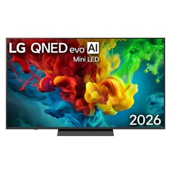 Фронтальний вигляд LG QNED evo AI QNED82 Mini LED, випущеного у 2026 році, наповнює екран яскравими, плавними сплесками різнокольорового, схожого на фарбу руху, оскільки багатошарові хмари кольору пла1