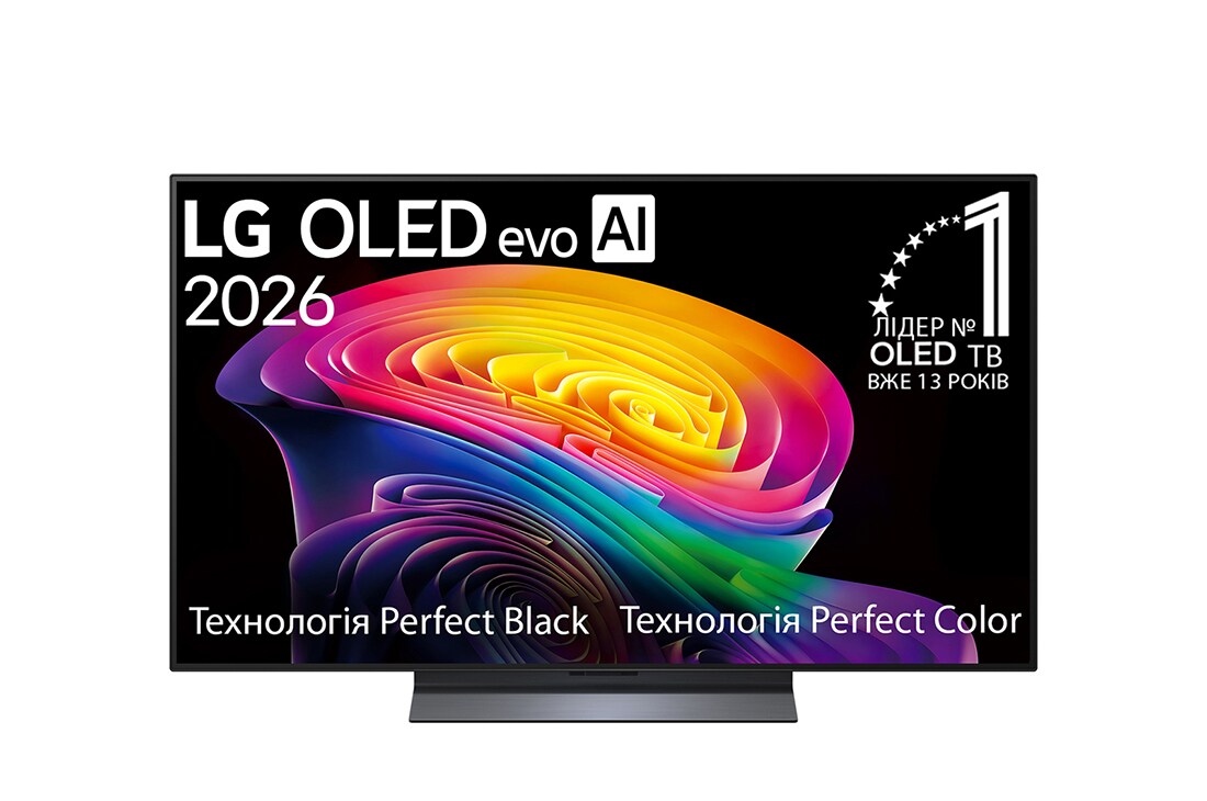 LG Телевізор LG OLED evo AI C6 | 48&nbsp;дюймів | 4K Smart TV | 2026, Фронтальний вигляд LG OLED evo AI C6, представлений у 2026 році, демонструє зображення багатошарових різнокольорових форм із технологіями Perfect Black та Perfect Color, а також відзнакою «OLED-телеві, OLED48C64LU, thumbnail 2