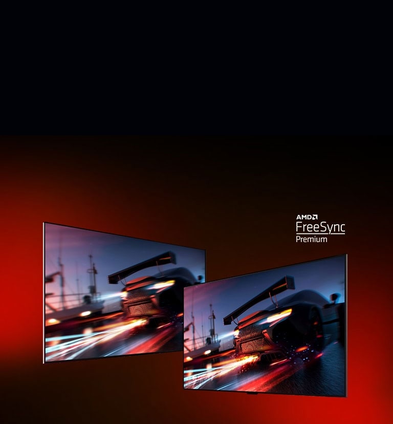 Два телевізори: на лівому показано автомобіль у перегоновій грі, на правому — те саме зображення, але яскравіше й чіткіше. У правому верхньому куті розташовано логотип AMD FreeSync Premium.  