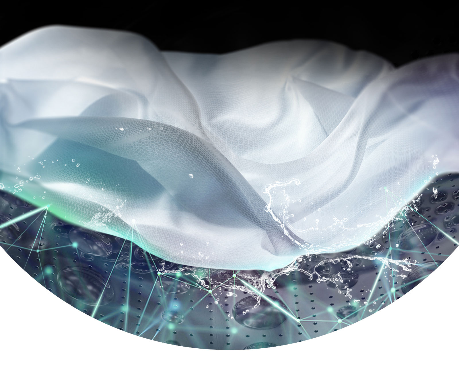 У барабані пральної машини з переднім завантаженням показаний білий шматок тканини, який перуть.