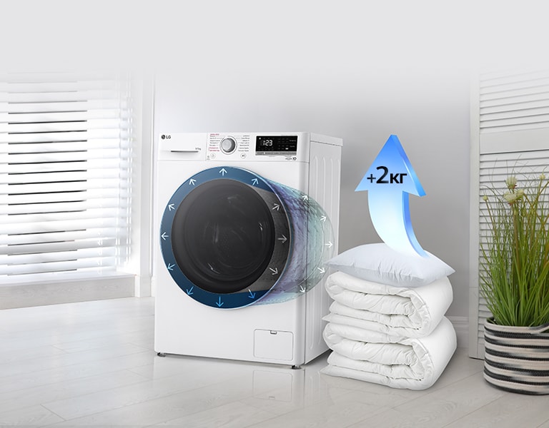 Поруч з пральною машиною стоять ковдри та подушки, а на подушці є стрілка, яка збільшує 2 кг. 