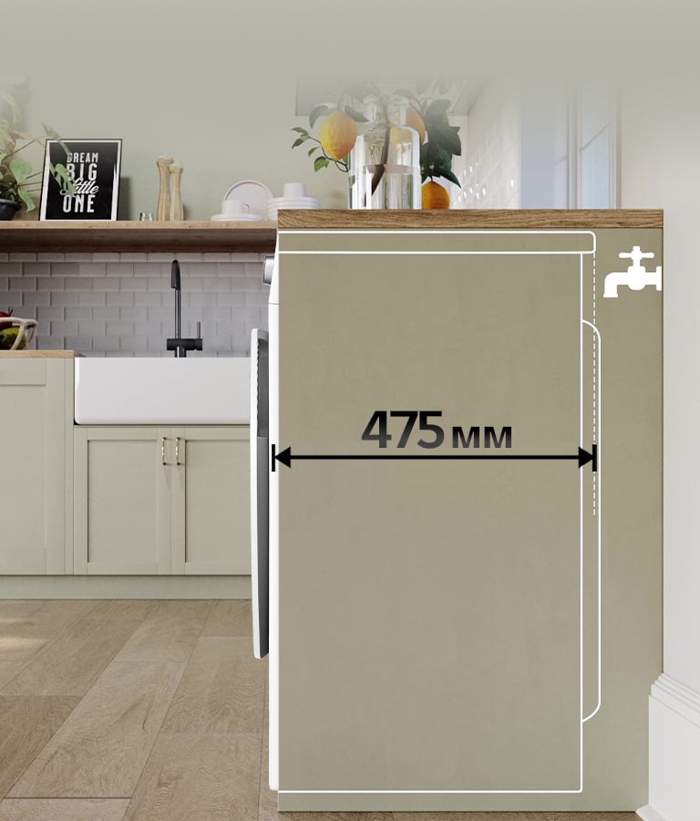 Показано схематично, скільки місця по глибині займає пральна машина на кухні, якщо її встановлювати під стільницю. Іконка крану праоруч символізує варіант підключення пральної машини.