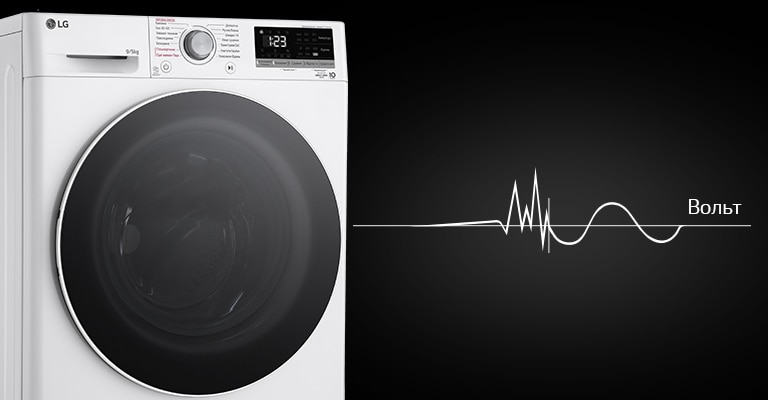 Зображено пральну машину ліворуч на темному фоні, від якої схематично йде синусоїда з позначенням рівня напруги праворуч.
